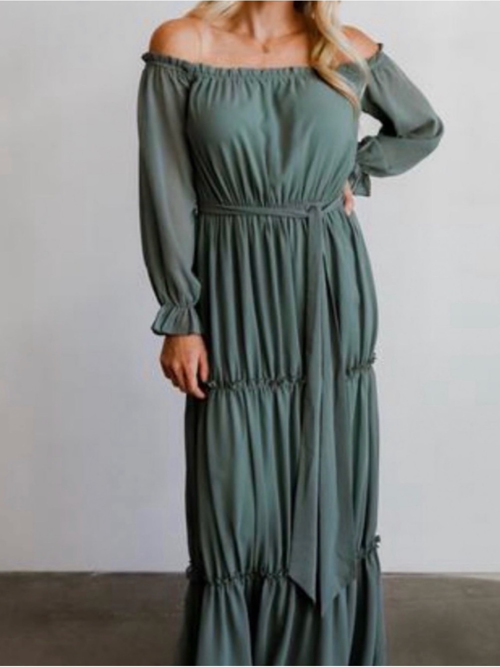 Baltic Born Off-Shoulder Sage Green Maxi Dress with Waist Tie